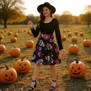 Sugar Skull Print Criss-Cross Back Dress Long Sleeve Size 2XL Black & Red